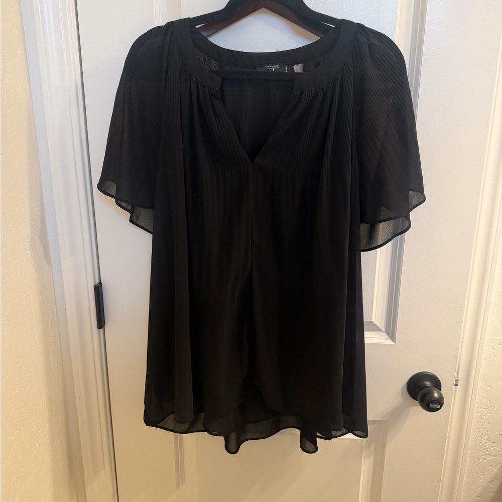 Tahari Black Chiffon Pleated Blouse with Flutter Sleeves